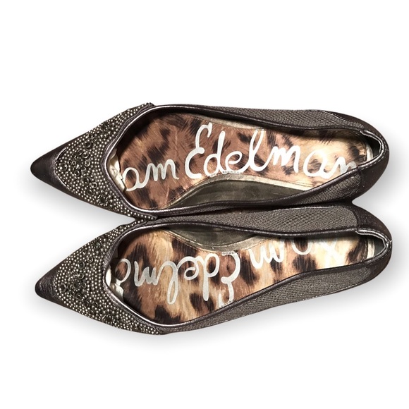 SAM EDELMAN ILLINOIS GUNMETAL BEADED Toe RHINESTONE GREY Metallic LEATHER FLATS! - Picture 4 of 7